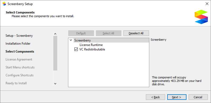 Screenberry Setup Wizard component selection